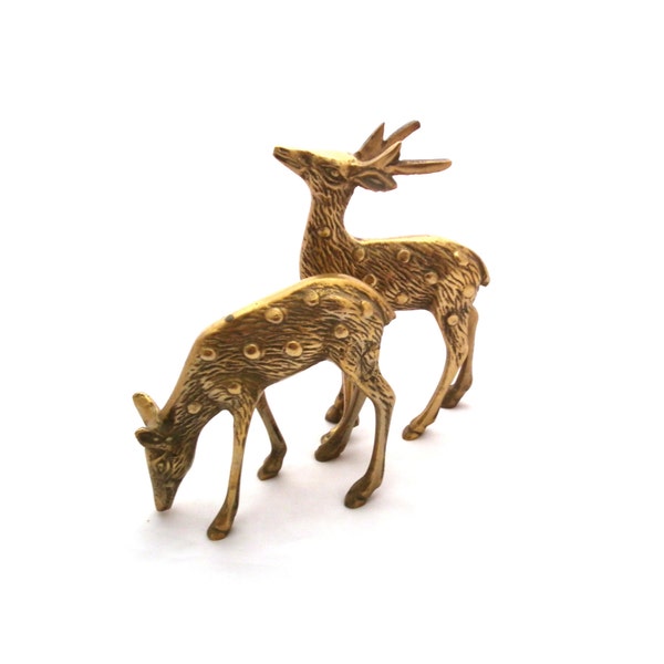 Small Solid Brass Deer and Stag Figurines, Brass Reindeer, Brass Stag, Pair of Deer Figurines, Brass Stag and Doe Pair, Wodland Deer