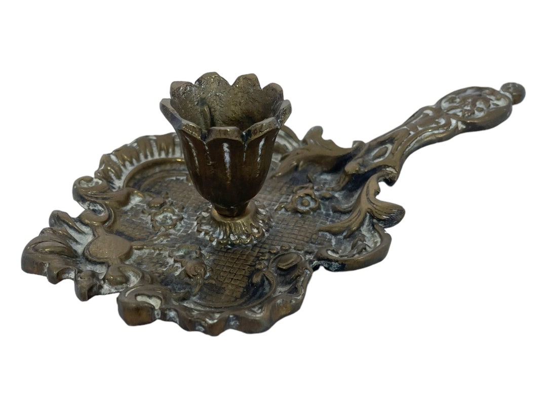 Vintage Brass Chamberstick, Antique Chamber Candle, Art Nouveau Taper