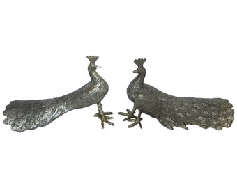 Vintage Silver Plated Peacock Figurines: 1950s Mantle Decor