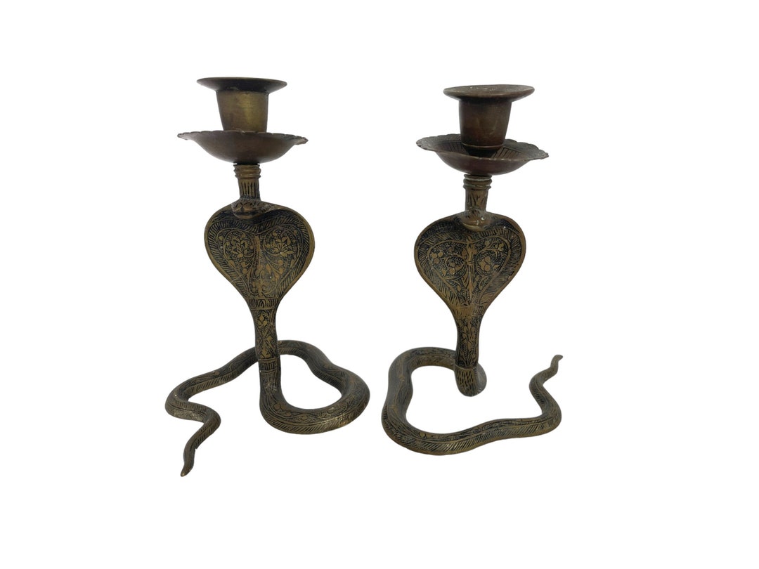 Vintage Rustic Brass Cobra Candle Holders, Pair of Candle Sticks