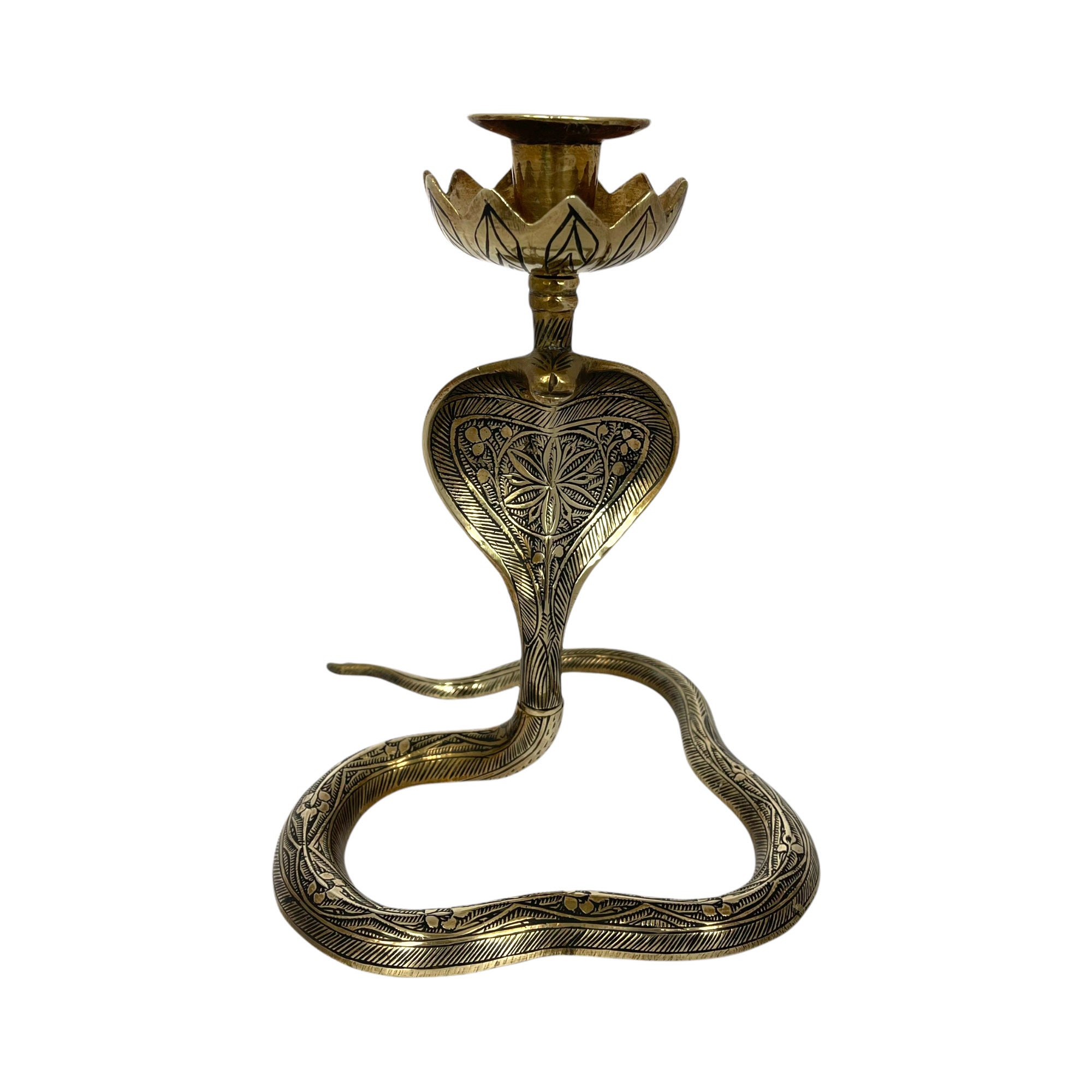Pair of Vintage Etched Brass and Enamel Cobra Snake Candle Holders