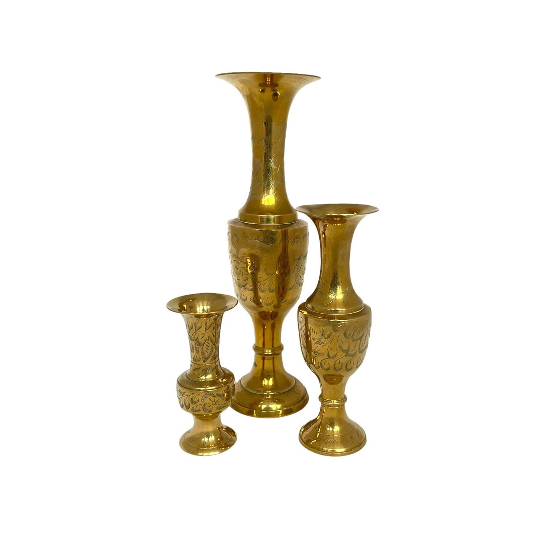 Vintage Set of Brass Vases, Graduated Decorative Vases, Indian Vase