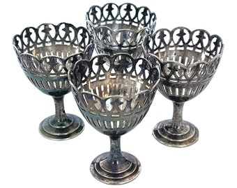 Antique Egg Cup, Silver Plated Egg Cups, Set of Filigree Egg Holders, Egg Cup Set, Breakfast Set, Pedestal Egg Cup, Vintage Four Egg Holders