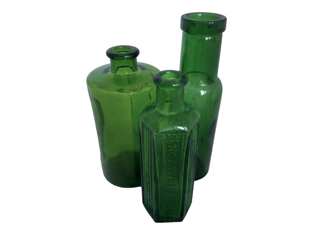 Vintage Apothecary Bottles, Three Emerald Green Glass Poison Bottle