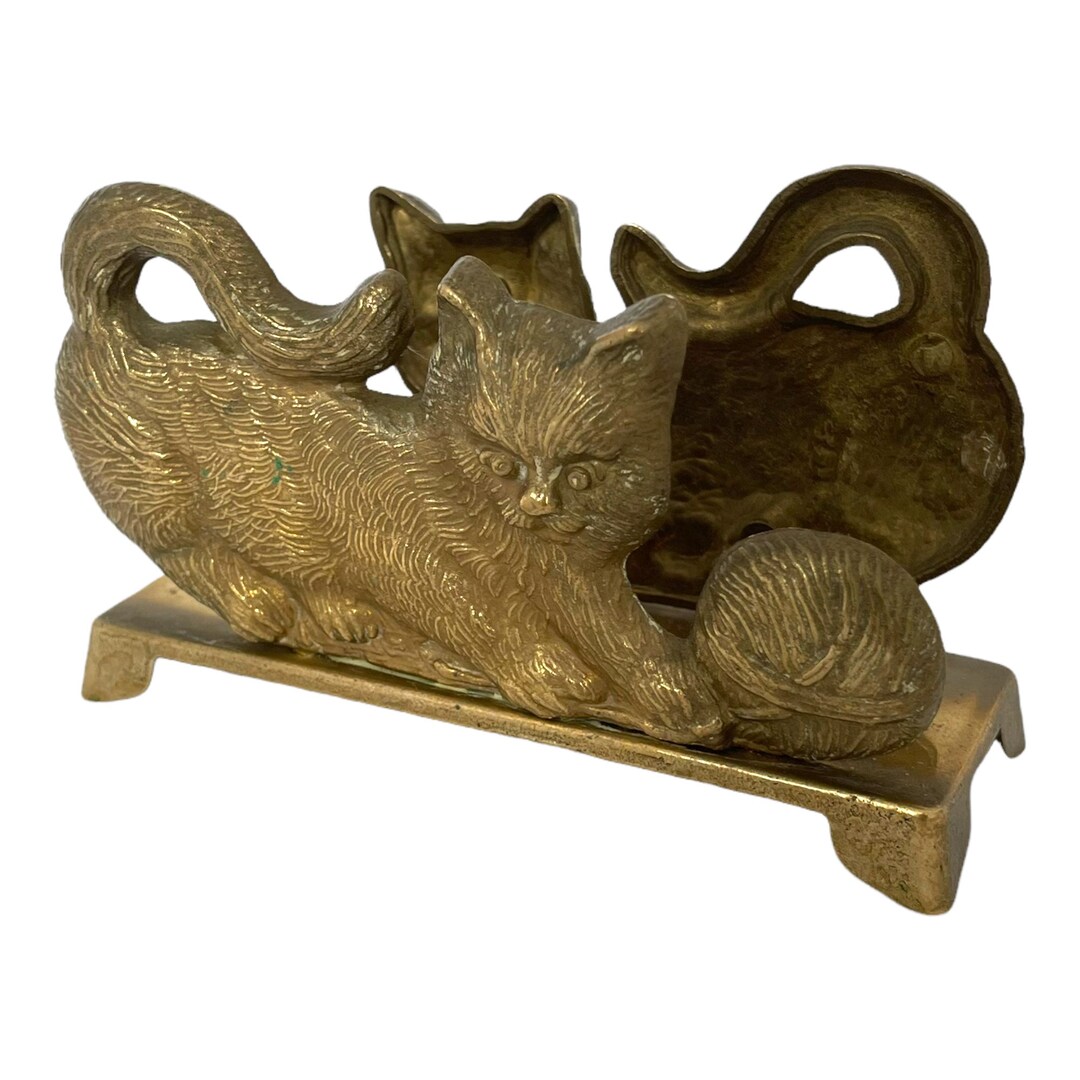 Vintage Brass Cat Letter Rack, Cat and Wool Brass Cat Letter Holder