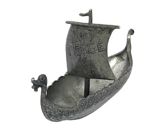 Vintage Norwegian Pewter Viking Longboat: TPB Handcast Tinn Ship