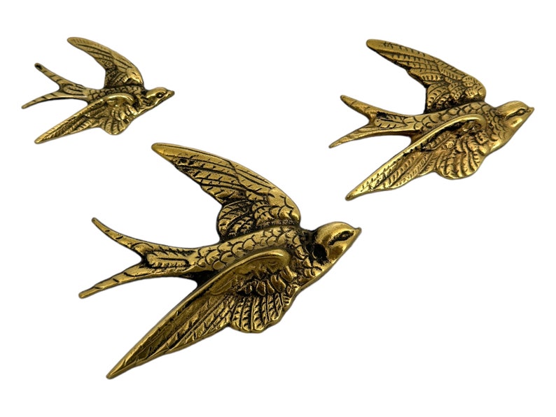 Vintage Brass Bird Wall Hanging, Brass Swallow Ornament, Graduated Bird Wall Decor, Swift, Bird Wall Plaque, Retro Flying Wall Birds image 6