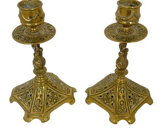 Victorian Brass Candlestick Holders: Art Nouveau Pair