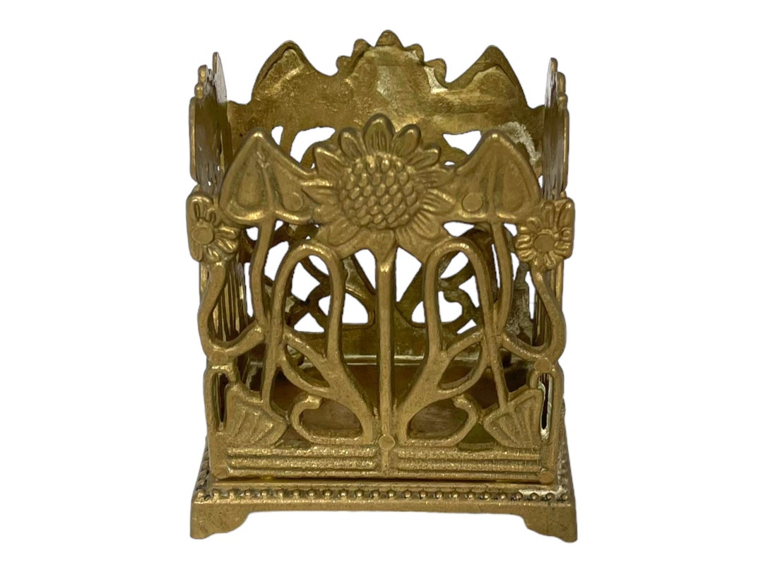 Vintage Brass Pen Holder, Art Nouveau Sunflower, Pencil Pot Holder
