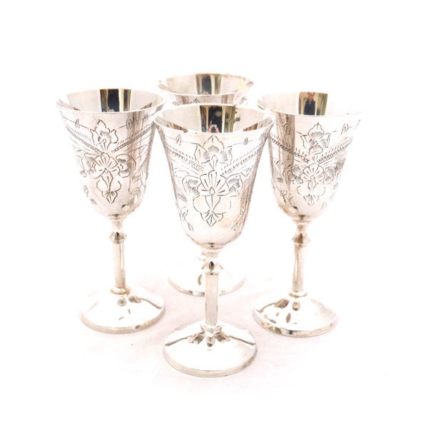 Vintage Silver Plated Wine Goblets, Silver Champagne Goblets, Silver Stemware Glasses, Metal Chalice, Metal Goblet, Engraved Goblets