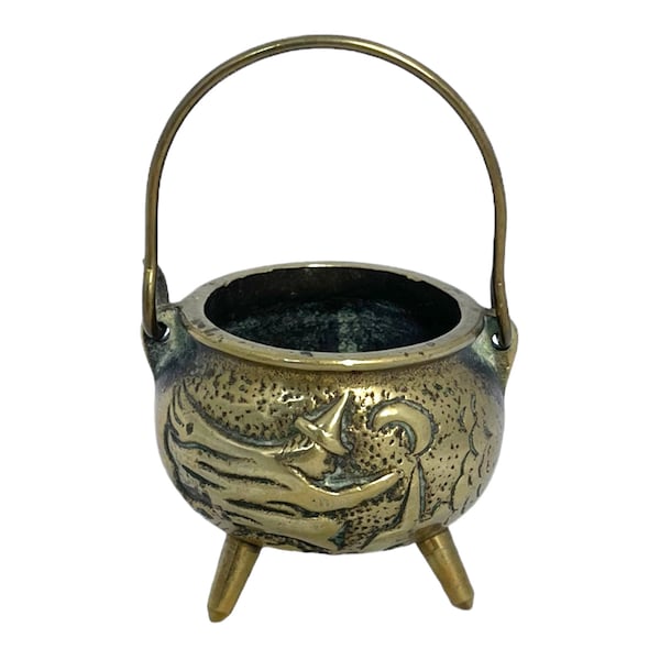 Antique Brass Witches Cauldron, Miniature Moon Witches Cauldron, Wiccan Altar Decor, Wicca Pagan Cauldron, Witchcraft, Spell Casting