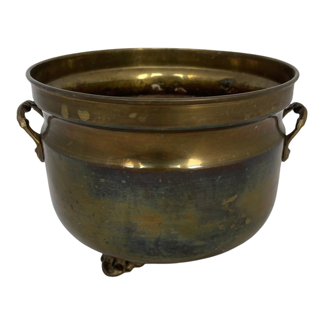 Vintage Brass Cauldron Pot, Rustic Plant Pot Holder With Legs,