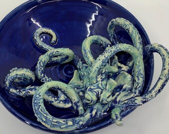 UNIQUE GIFT! - Octopus Bowl - 10” Cobalt Blue Bowl with Hand-Sculpted Cephalopod Sprayed with Multiple Glazes - One of a Kind!