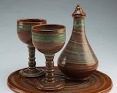 Wine Goblets, Decanter & Cheese Board Set - Functional Ceramic Stoneware Home Decor Brown Green Blue Gold - Wine Enthusiast or Wedding Gift