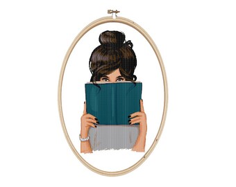 May include: A woman with brown hair is holding a teal blue book in front of her face. She is wearing a gray shirt.