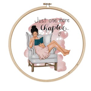 May include: A woman sits in a chair reading a book with the text "Just one more chapter..." above her. The image is in a pink and white watercolor style.