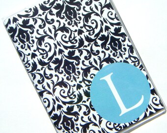 Custom Personalized Passport Cover Holder Case --  Black White Damask with Light Blue Circle