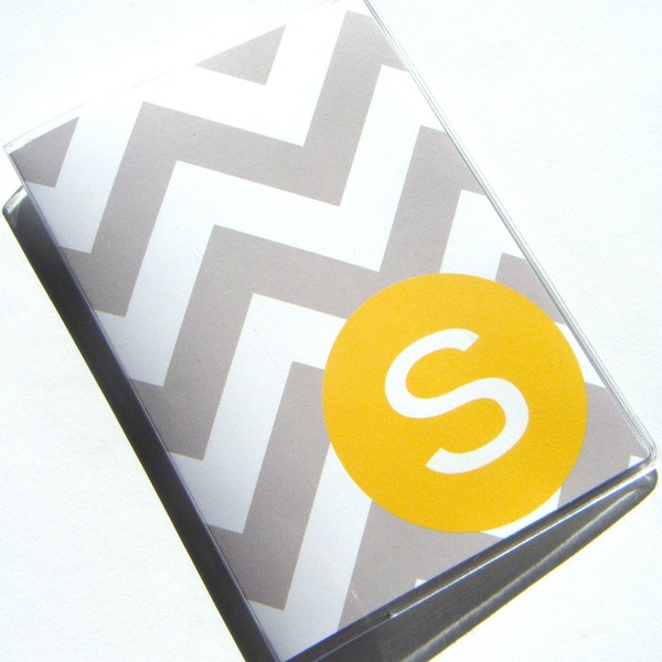 Custom Personalized Chevron Passport Cover Holder Case -- Grey Chevron with Yellow Circle