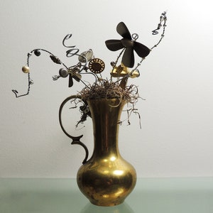 Vintage MCM Brutalist Jere Era Brass Signed Vase with Metal Still Life Flowers