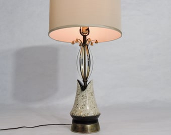 MCM era Hollywood Regency White Black Brass Ceramic Flower Table Lamp