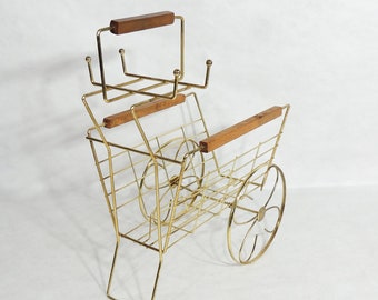 Vintage Mid-Century Minimalist Metal Wire Wood Handle Magazine Rack Cart