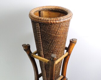 Vintage Oriental Bamboo Wicker Rattan Umbrella Flower Stand