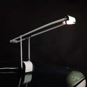Può includere: Una lampada da tavolo regolabile bianca e nera con un braccio lungo e flessibile. La lampada è accesa e la luce brilla.