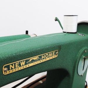 MCM Era New Home Collectible Green Portable Sewing Machine with Case and Foot Pedal