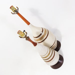 Set of 2 MCM Era Danish style Striped Ceramic Wood Table Lamps