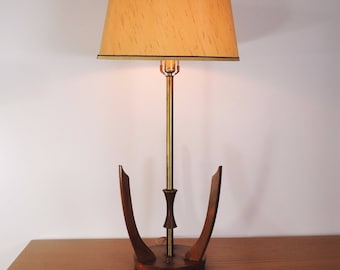 Vintage Danish Modern Walnut Base Brass Table Lamp