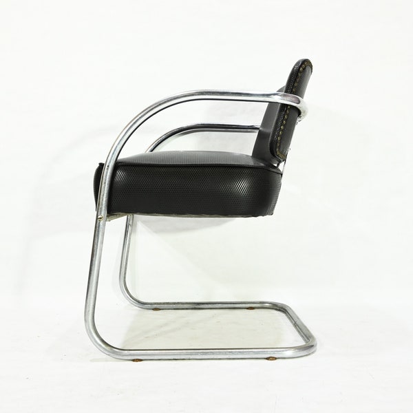 Kem Weber attributed Lloyd Mfg Deco Cantilever Chair Chrome Black Vinyl Machine Age Industrial design