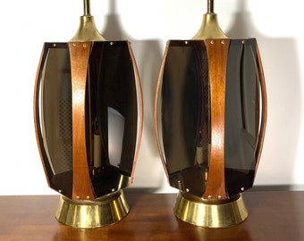 Two MCM Era Lawrin Bent Walnut Smoked Lucite Flickering Lights Large Table Lamps brass accents