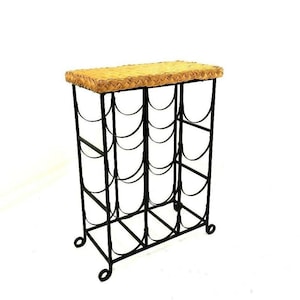 Umanoff Style Wicker Rattan Wrought Iron Metal 12 Wine Bottle Holder Rack Stool Stand