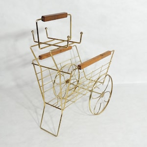 Vintage Mid-Century Minimalist Metal Wire Wood Handle Magazine Rack Cart