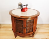 Modernist Era Round Travertine Top Wood Finish Storage Plant Stand End Table