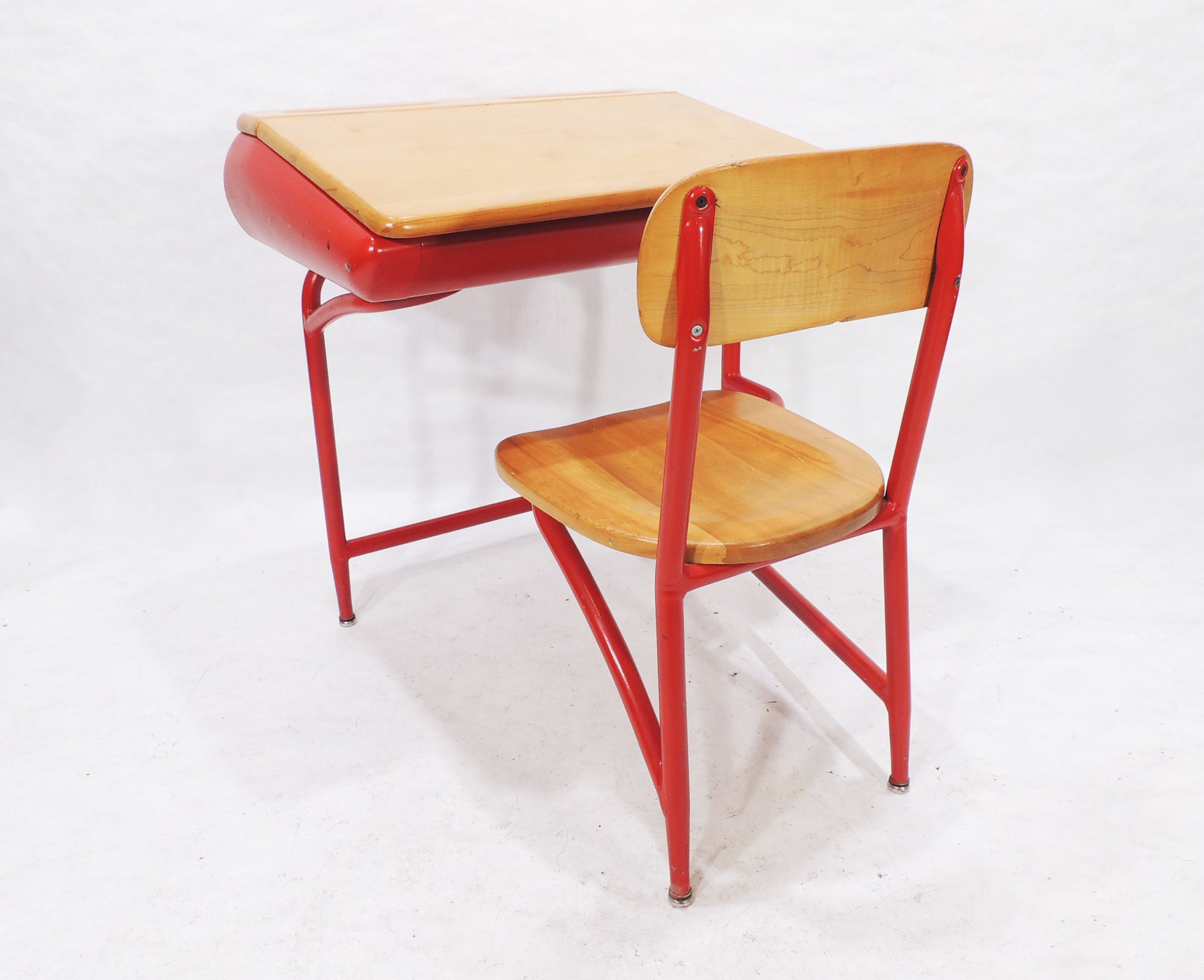 MCM Era Heywood Wakefield Wood Metal Red School One Piece Desk