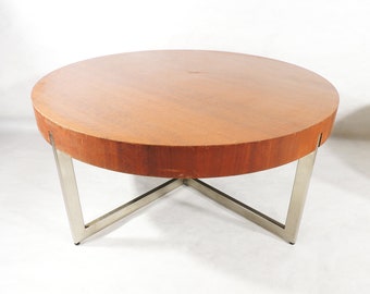 Postmodern Contemporary Style Round Wood Finish Metal Base Low Coffee Table