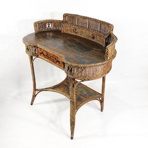Antique Heywood Wakefield rattan Wood Kidney Top Writing Desk Table Drawer Free Local Pickup
