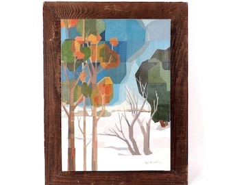 Lienzo de pintura de paisaje cubista con árboles y estaciones sobre marco de madera rústica vintage