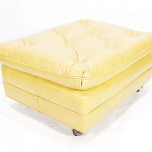 Mid-Century Modern Genuine Yellow Leather Rolling Ottoman Chair by Classic