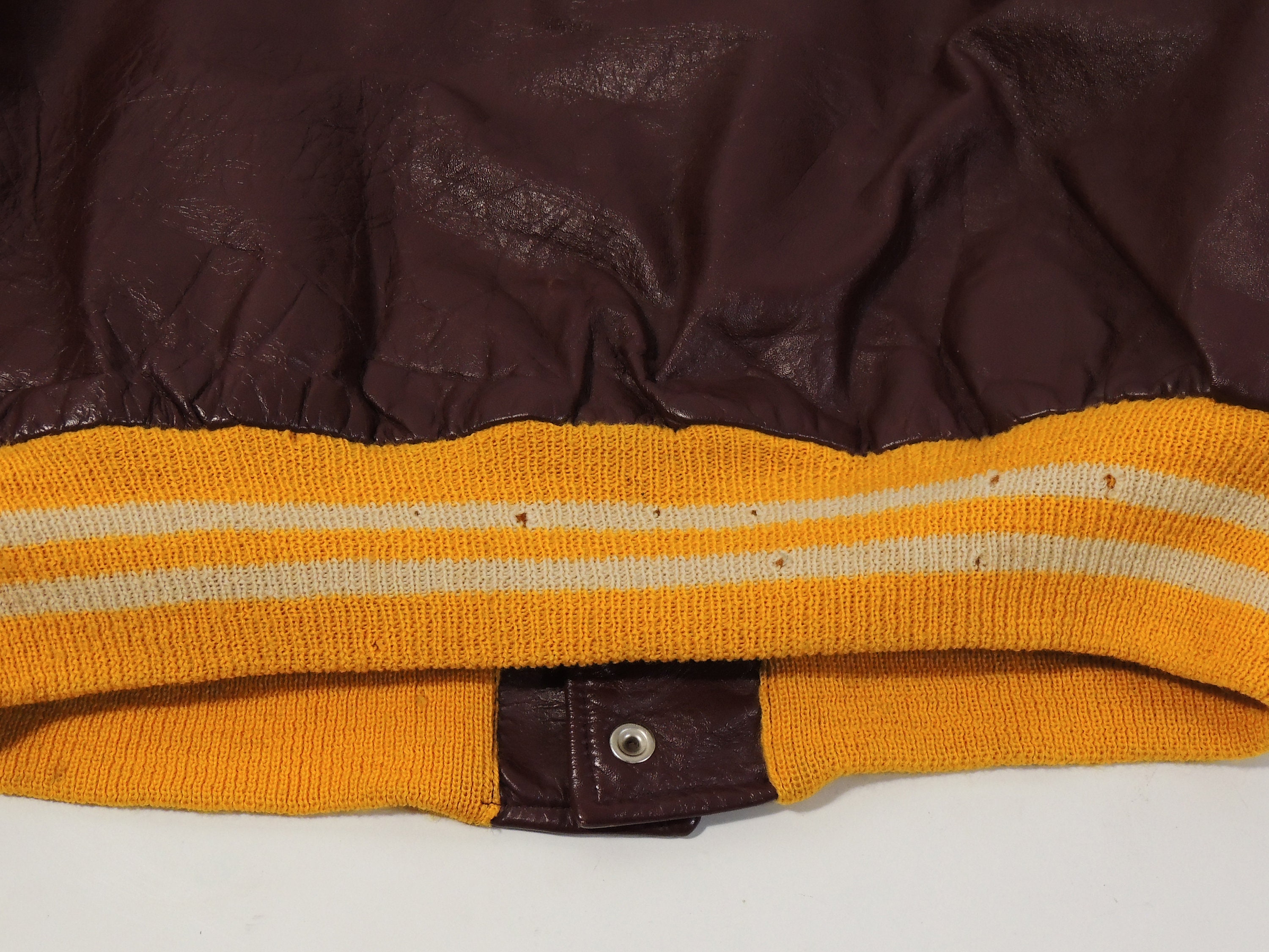 Lockhead Vintage MECA Beat Up Packers Maroon Leather Varsity Letterhead Jacket 75 Mens Size L