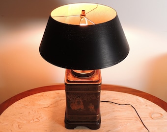 Rustic Vintage Wildwood Oriental Wood Base Tin Table Lamp