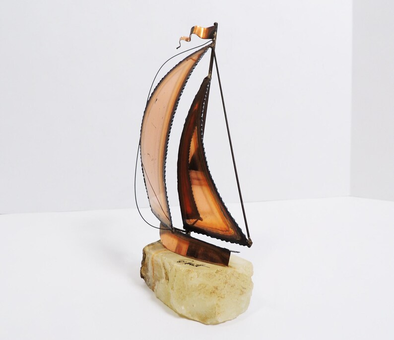 Vintage Mid-Century Modern Brutalist Sailboat Sculpture Paperweight on Marble Base