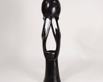 Vintage Dark Wood Sculpture Figure Holding Sphere Object Statue Objet d'art