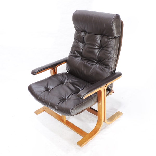 Vintage Danish Plywood Wide High Back Leather Seating Lounge Chair with Armrests