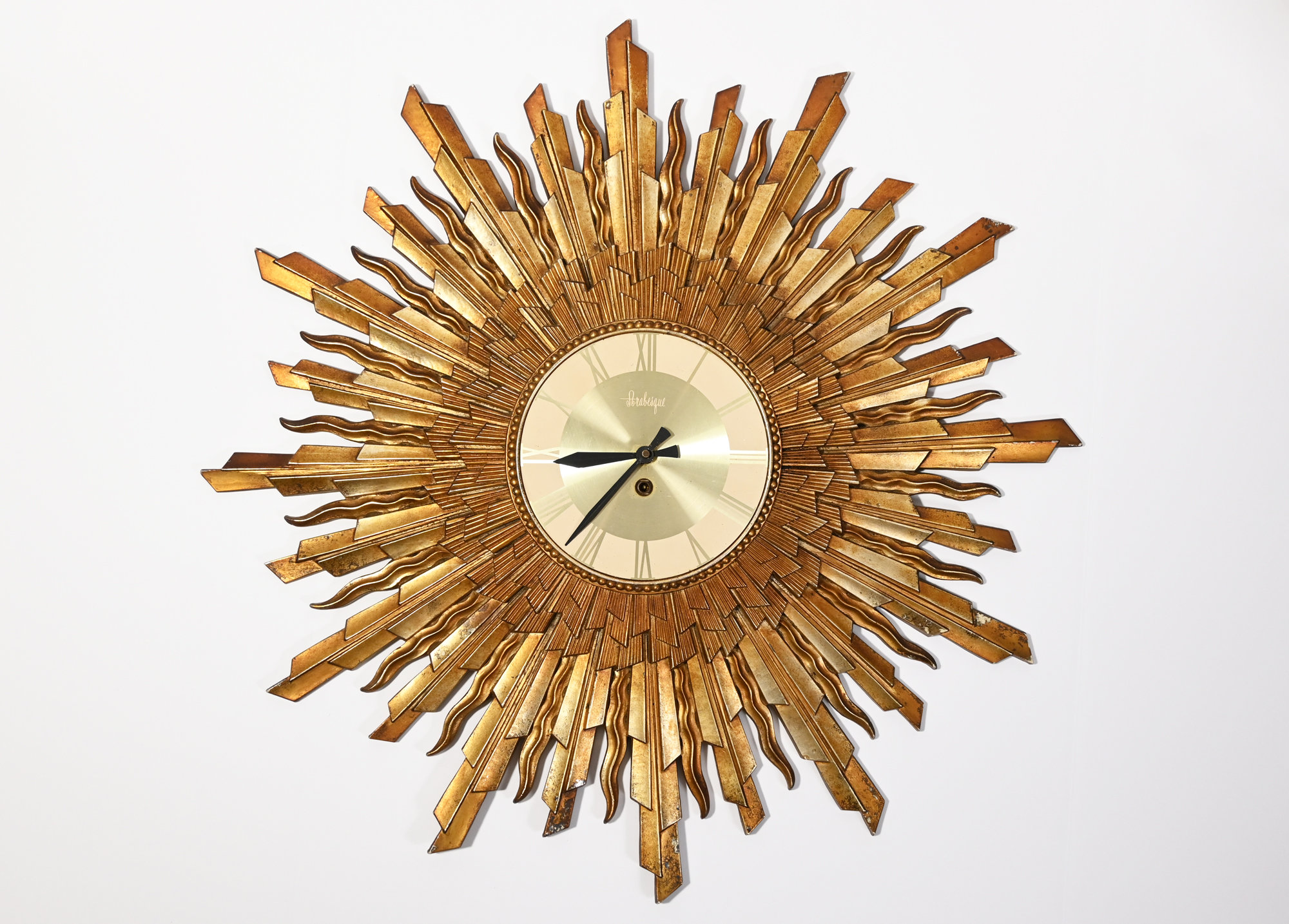 Modernist Era Hollywood Regency Burwood Usa Ornate Starburst Decorative Wall Clock