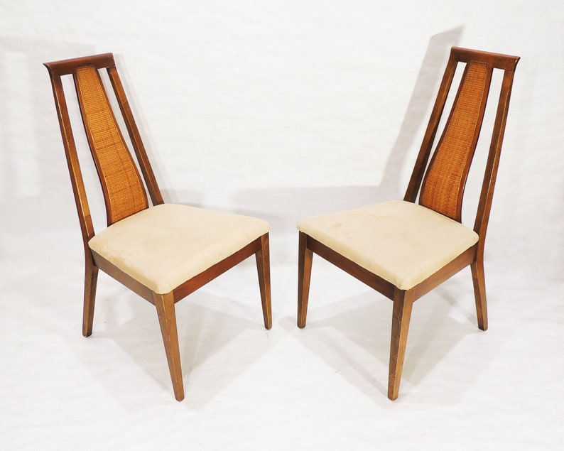 Set of 2 MCM Era American of Martinsville Wicker Rattan Backrest Cloth Seat Wood Dining Chairs image 2