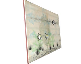 Arte de estilo vintage con peces Gyotaku, tela, gran cuadro mural con escena submarina.