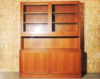 Modernist Era Danish Teak Wood Finish Sliding Display Case Cabinet with Lights - Local or Arranged Pickup Required