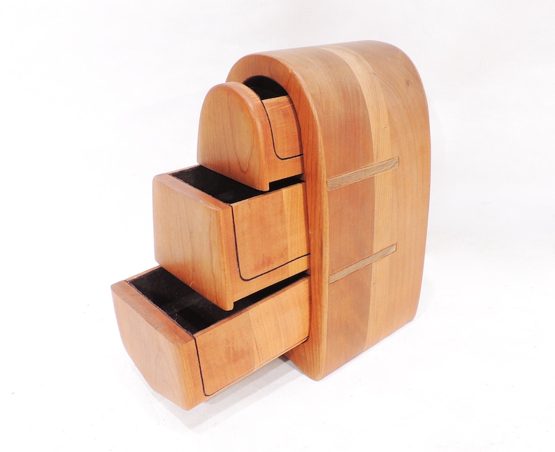 Pu&ograve; includere: Una scatola di legno con tre cassetti, ognuno con un fronte curvo. La scatola &egrave; realizzata in legno chiaro e scuro, e i cassetti sono rivestiti in feltro nero. La scatola &egrave; leggermente aperta, con il cassetto inferiore tirato fuori.